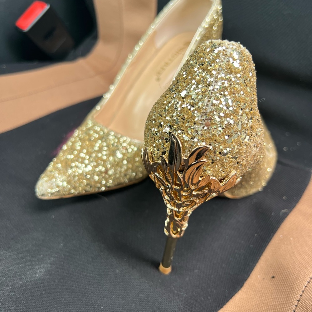 Gold Glitter Stiletto Heels with Baroque Design